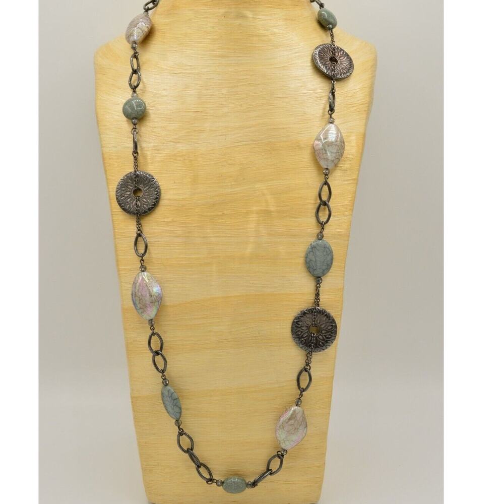 Premier Designs Vintage Statement Necklace Faux Stone Marble Beaded Chain BinR